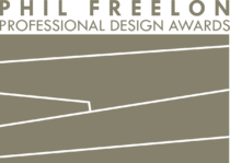 Phil Freelon Professional Design Awards logo - an abstraction of facade elements, five simple lines cutting across a deep beige field